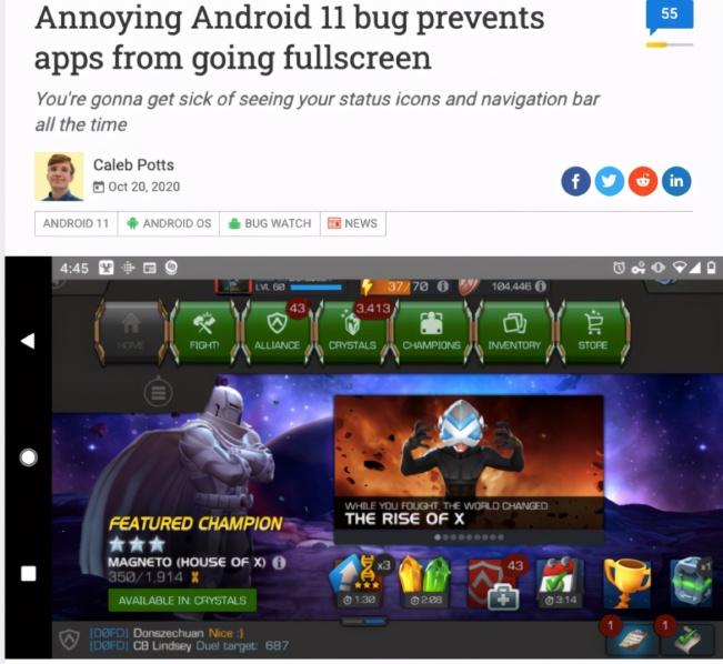 Android 11出現(xiàn)Bug，限制游戲、應(yīng)用程序全屏