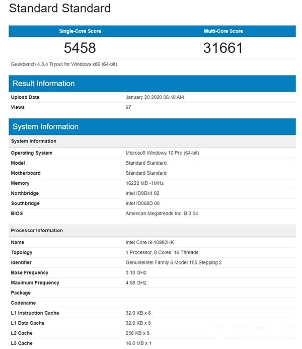 十代酷睿i9-10980HK現身：14nm 8核心頻率大漲
